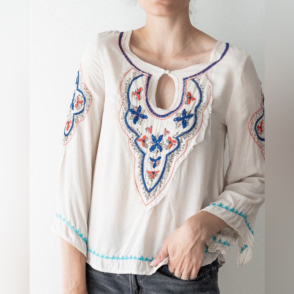 Liberty Love Ivory Blouse with Blue and Red Embroidery